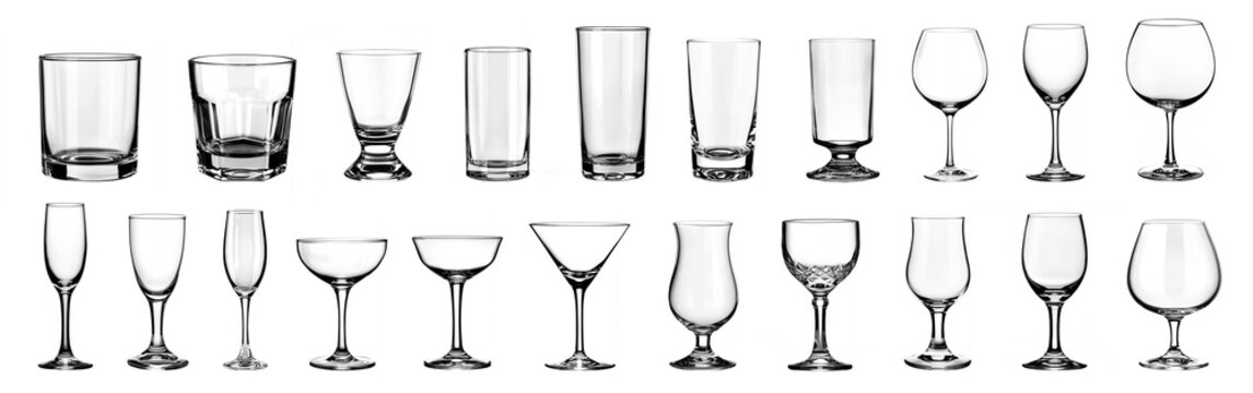 Empty cocktail glass PNG set bundle, transparent isolated background. Mixology, bar inventory glassware, various drink glasses collection. Highball, rocks, martini, champagne, old fashioned, tumbler