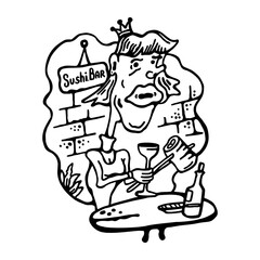 Vector black and white image of a self-confident girl, with big lips and a crown, in a sushi bar at a table with wine and rolls