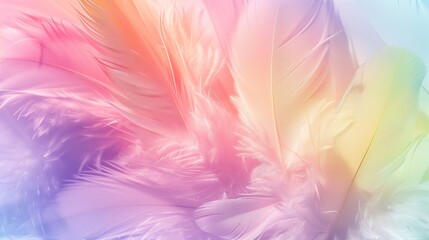 Light and airy pastel backdrop with delicate floating feathers, creating a soft-focus dreamy ambiance in pink, blue, and green tones. Perfect for digital wallpapers, social media templates