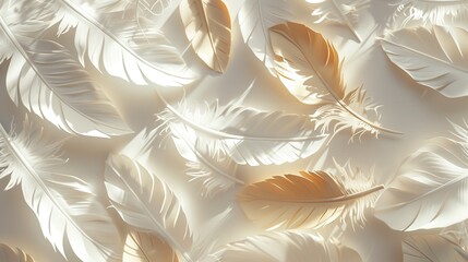 Luxurious white and gold feathers in a close-up with soft beige tones, showcasing intricate details and a golden age aesthetic. Perfect for elegant decor, premium branding, and artistic designs.