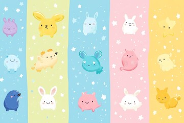 Cute pastel-colored animal illustrations in a seamless pattern