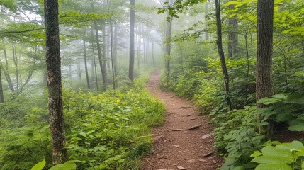 Fototapeta premium Misty Forest Trail Winding Through Lush Green Canopy