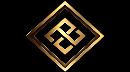 A golden geometric logo featuring intertwined shapes within a diamond frame.
