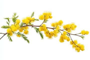 Mimosa spring flowers in transparent stock. Acacia with yellow fluffy balls and foliage. Silver wattle as a decorative plant
