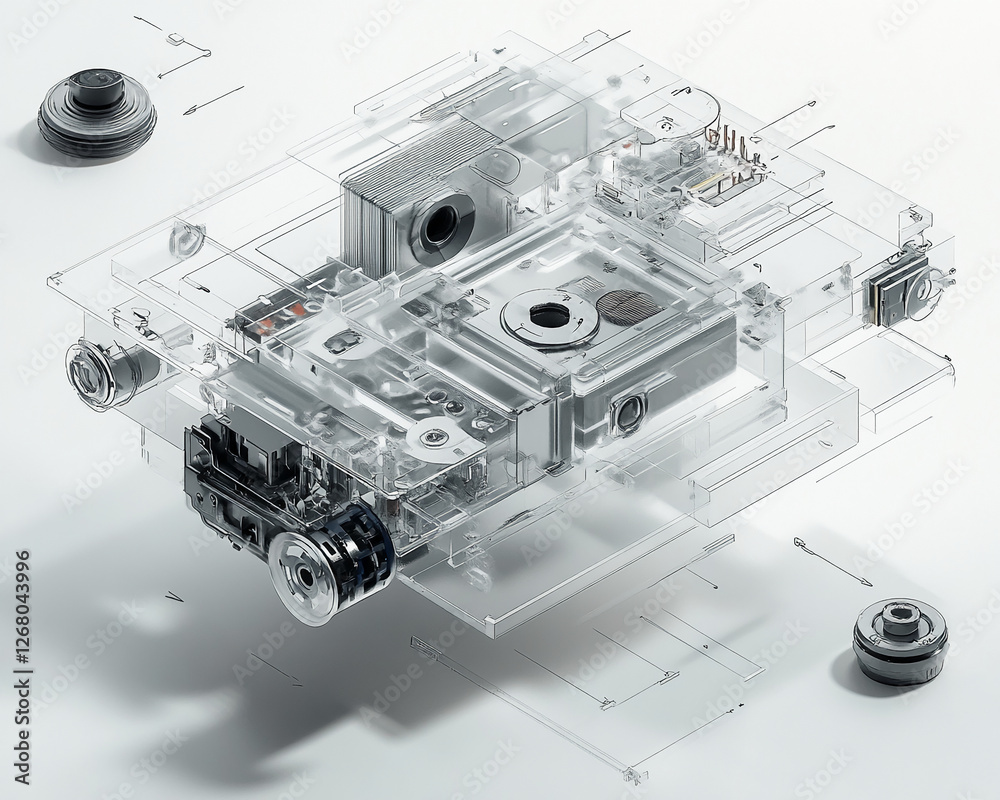Poster 3D exploded view of a camera mechanism with transparent components, showcasing intricate design, engineering details, and the internal workings of a camera device.