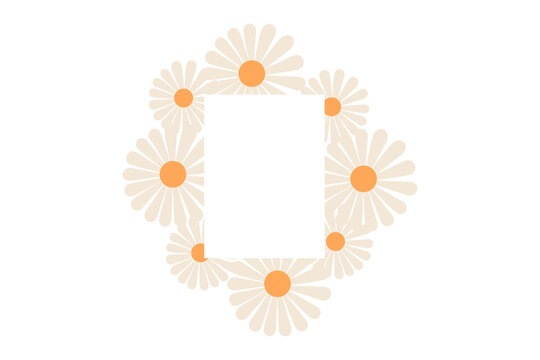 Pretty, retro daisy frame PNG vector illustration. Beige floral border with orange centers and blank square. Great for 70s designs, cards, celebrations, banner, and social media