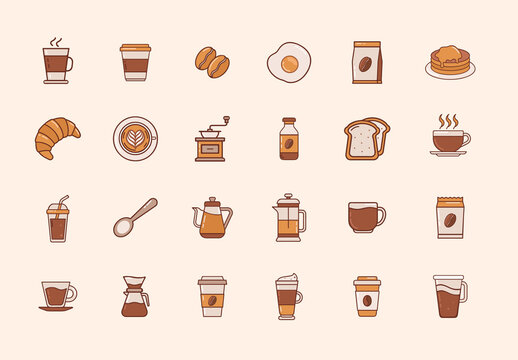 Beige and Brown Coffee Icons Flat Design. Culture Icons Set