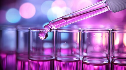 Pink liquid drops into test tubes; lab research