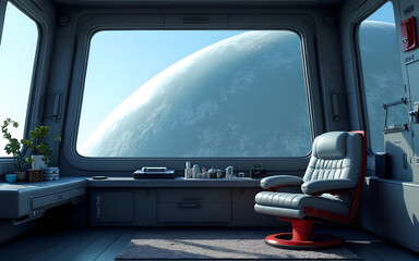 Luxury spaceship cabin interior with red leather armchair, computer, and unique design elements.