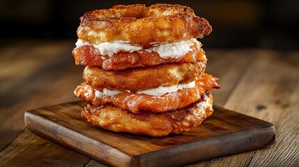 Three delicious fried dough rings layered with smoked salmon and cream cheese. A tasty gourmet treat!