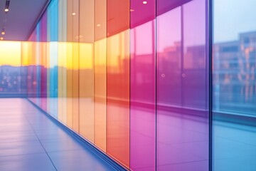 Vibrant rainbow-colored glass panels in modern architecture