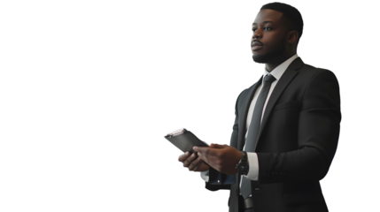 A black businessman making business presentation transparent background . PNG