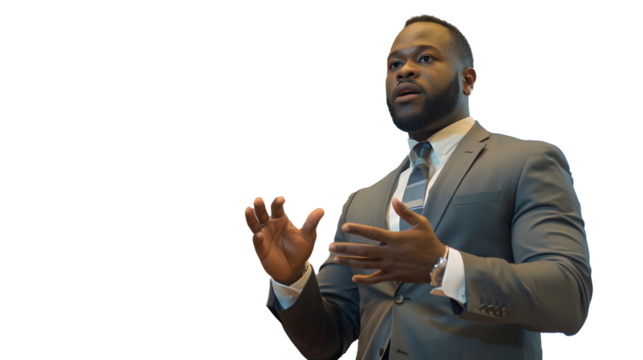A black businessman making business presentation transparent background . PNG