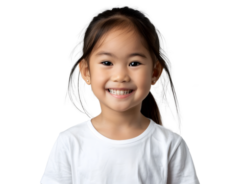 happy little Asian girl dressed in a white t-shirt on transparent background . PNG