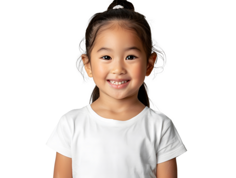 happy little Asian girl dressed in a white t-shirt on transparent background . PNG - Powered by Adobe