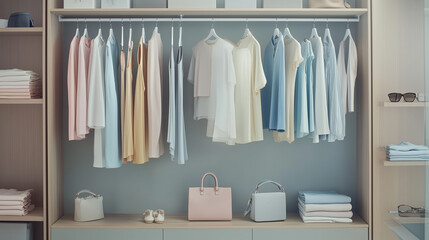 Illustration of a dressing room with white shelves and pastel-colored dresses hanging on hangers.
