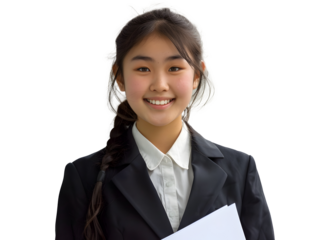 a high school aged Asian student girl on transparent background. PNG