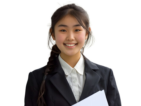 a high school aged Asian student girl on transparent background. PNG - Powered by Adobe