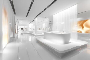 Minimalist futuristic white hallway with bright ambient lighting and sleek design