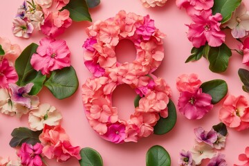 On March 8th, we celebrate Women's Day with a festive background of flowers and leaves, featuring the number 8
