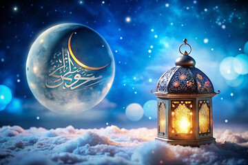 Crescent moon, lantern, snowy scene, Eid greeting, night sky
