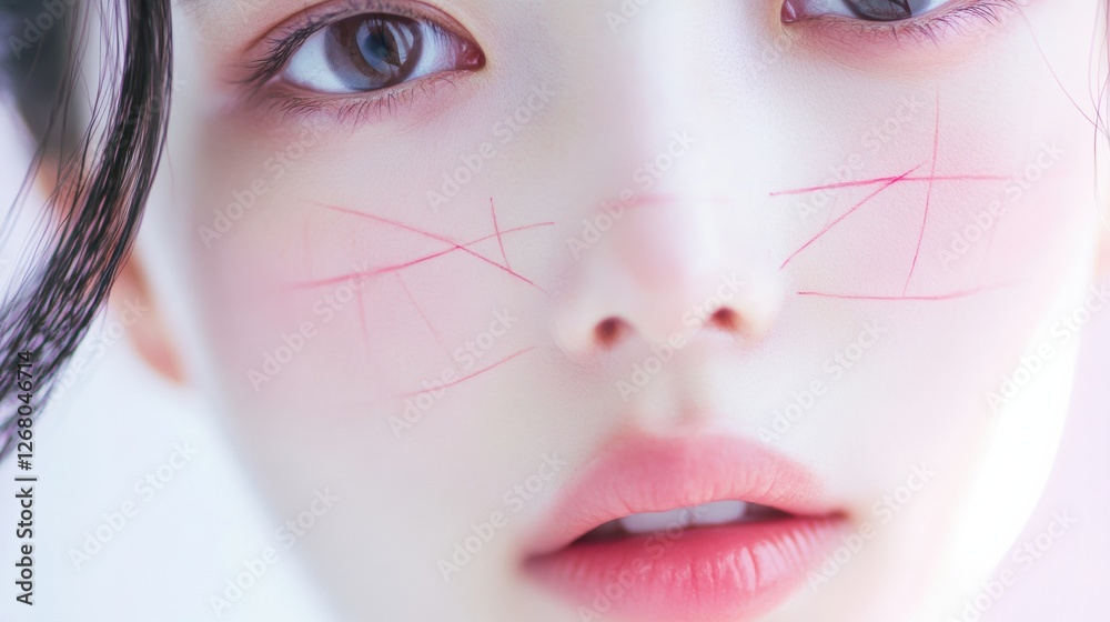 Aufkleber young woman with delicate facial markings and soft expression in a bright, ethereal setting. generat