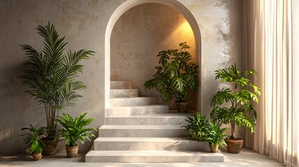 Plants on stairs, arched doorway, sunlit room, interior design