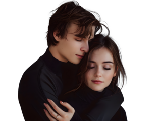 A stylish young couple man and woman hugging each other on transparent background. png
