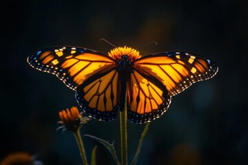 Naklejka premium Close-up of a vibrant monarch butterfly resting on a flower