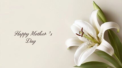 Obraz premium Elegant Mother's Day Card with Delicate Lily on Soft Beige Background for Greeting Design
