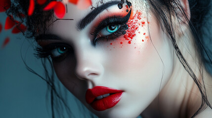 Fototapeta premium Artistic portrait of a model with striking makeup and floral accents in a serene setting