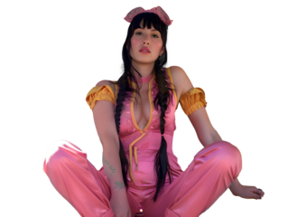 a woman with long black hair with braids dressed in pink on transparent background . PNG