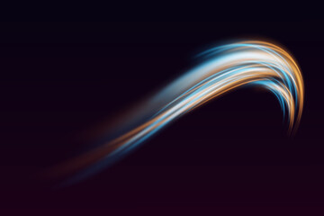 Abstract light lines of movement. Wavy bright lines. Shining gold and blue neon lines.