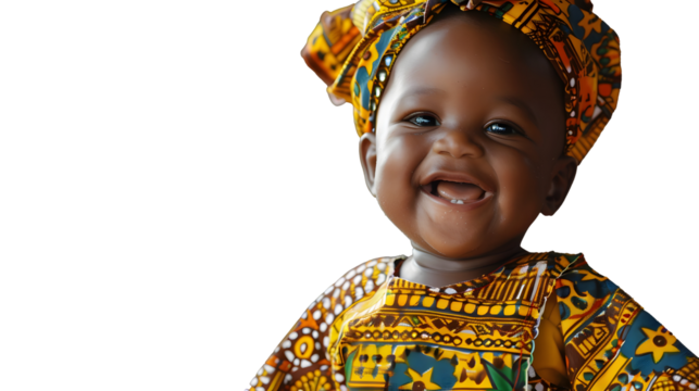 Adorable african baby smiling in colorful ethnic clothing, isolated on a transparent background