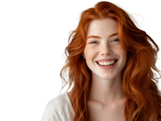 Adult female with ginger hair smiling into a camera. Isolated transparent background. PNG