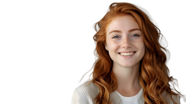 Adult female with ginger hair smiling into a camera. Isolated transparent background. PNG