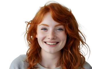 Adult female with ginger hair smiling into a camera. Isolated transparent background. PNG