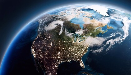 Fototapeta premium Planet earth rotating showing north america at night with city lights visible from space