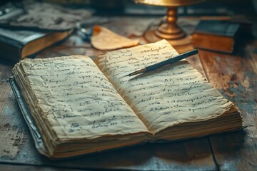 Obraz premium Open old book with aged pages placed on a rustic wooden desk under soft lighting