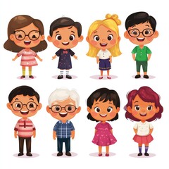 Vibrant Multigenerational Family Portrait with Diverse Ages and Lively Cartoon Elements in a Whimsical White Background Celebrating Unity and Joy