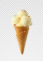 Realistic ice cream cone png vector featuring creamy chocolate ice cream with chocolate drizzle in a crunchy waffle cone. Great for food-related branding, menu designs, and dessert promotions.