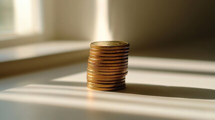 Sunlit coins stacked on windowsill, savings concept, finance