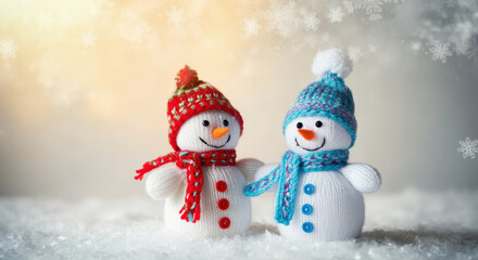 Obraz premium Two knitted snowmen dressed in colorful scarves and hats one in red and one in blue standing on a snowy surface