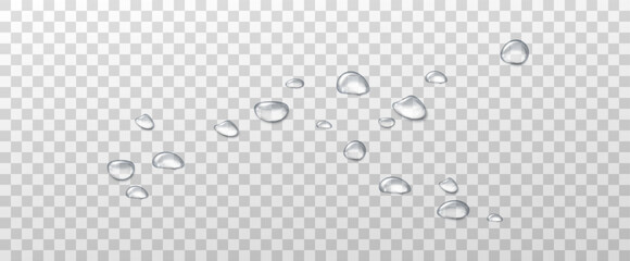 Realistic water drops on a transparent background, condensation on the surface with light reflection and shadow, vector, png, 3D effect.	
