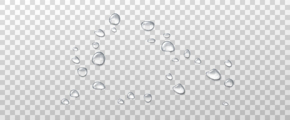 Realistic water drops on a transparent background, condensation on the surface with light reflection and shadow, vector, png, 3D effect.	
