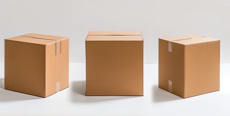 Three plain cardboard boxes in different angles on a white background, ideal for branding and packaging design. Perfect for product presentations and logo placement.