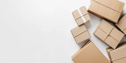 3D-rendered stack of cardboard boxes on a plain white background, featuring a clean and minimalist style. Perfect for product mockups, branding, and packaging design concepts.