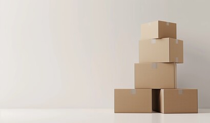 Realistic 3D pile of cardboard boxes on a clean white background, symbolizing warehouse storage, ecommerce packaging, and fast delivery services.