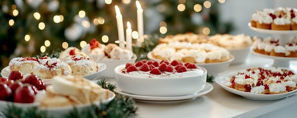 Festive Christmas Dessert Table Array of Homemade Sweets, Fresh Strawberries, Whipped Cream, and Lit Candles Creating Warm Inviting Atmosphere