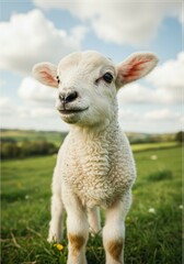 Obraz premium A soft, dreamy portrait of a young lamb standing in a misty meadow at sunrise.